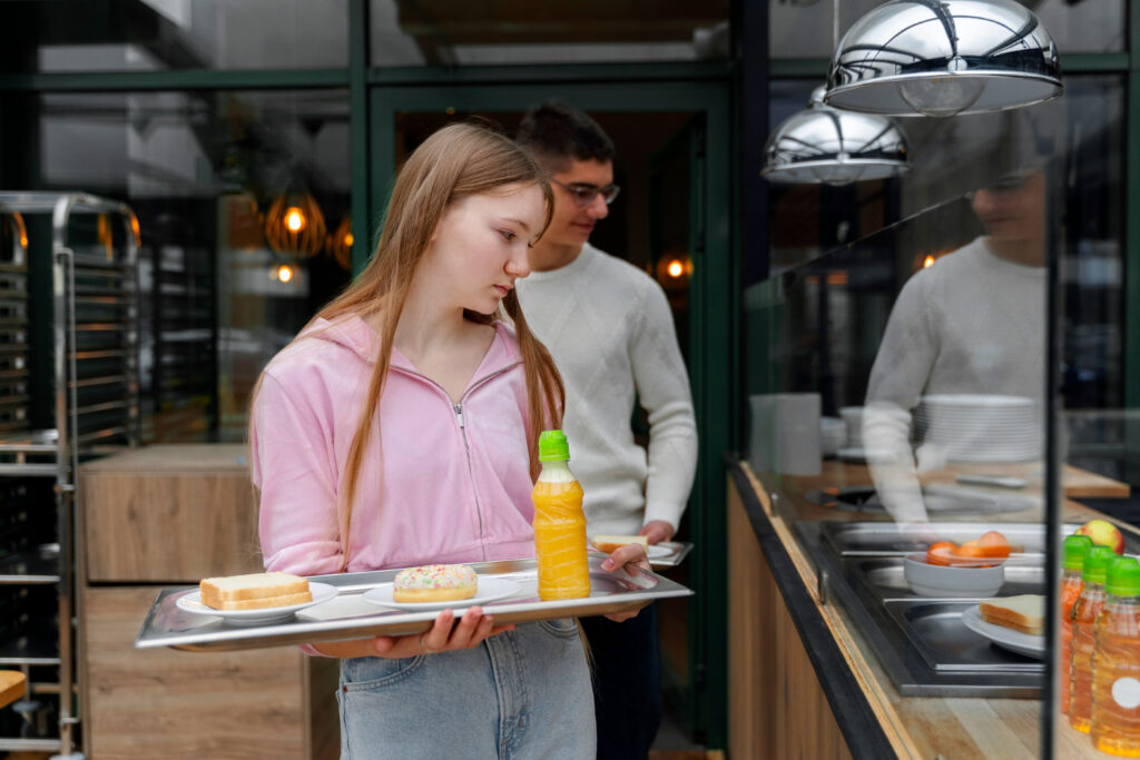 Mulher com bandeja de alimentação em refeitório empresarial. 