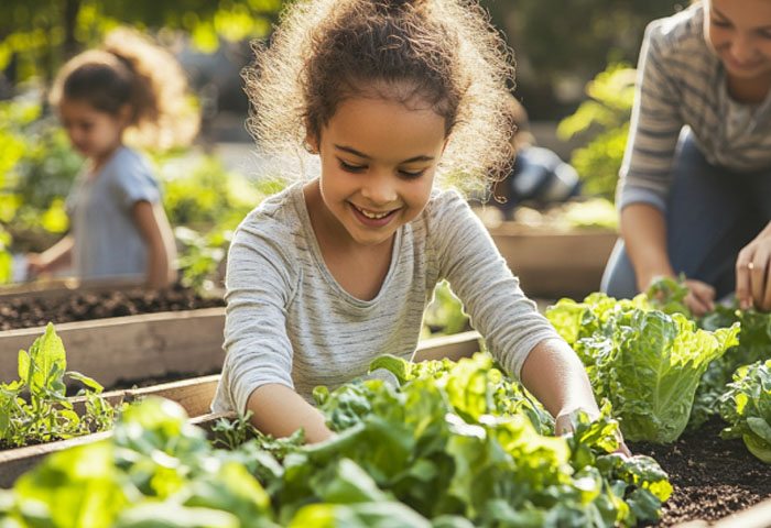 Criança plantando em horta escolar acompanhada por educador, como parte de atividade de educação alimentar